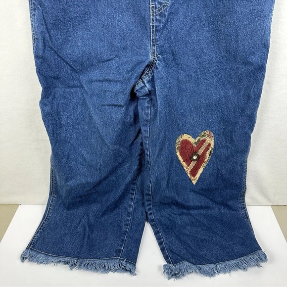 Scrap Work Country Clothing XL Denim Overalls Cropped Fringe Hearts RARE Cottage - Picture 3 of 14